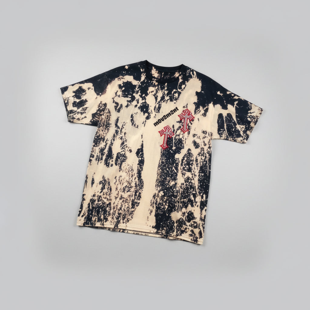 short sleeve red rhinestone cross navy bleached tshirt