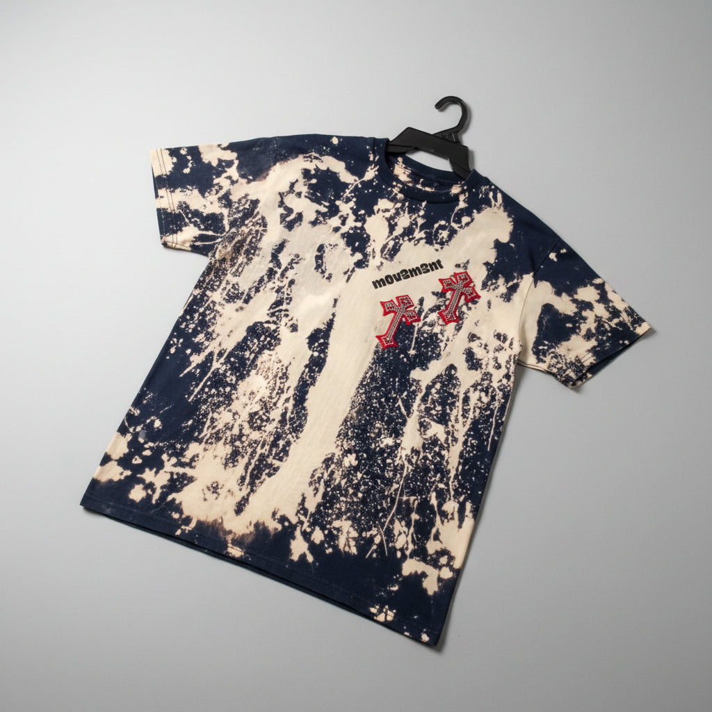 short sleeve red rhinestone cross navy bleached tshirt